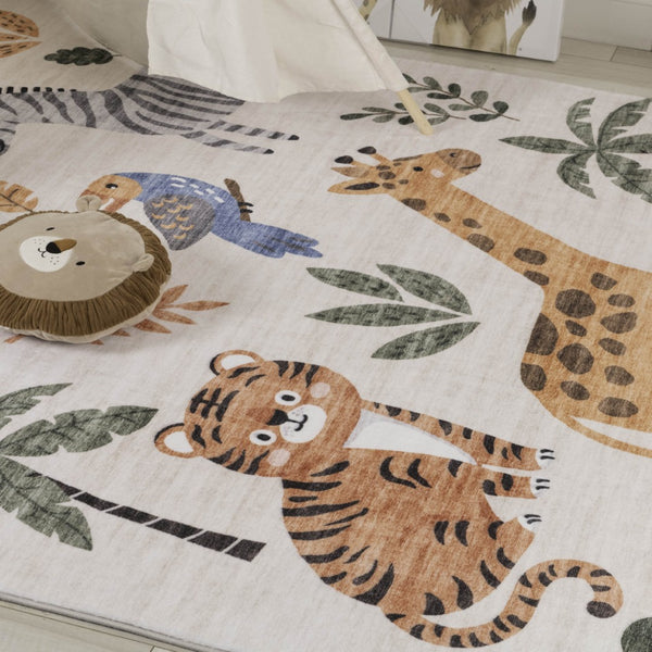 HomeRoots 8' Playful Zoo Animals Area Rug in Soft Gray, Brown, and Green - Durable, Fun Decor for Kids' Rooms 8' X 11' 570010