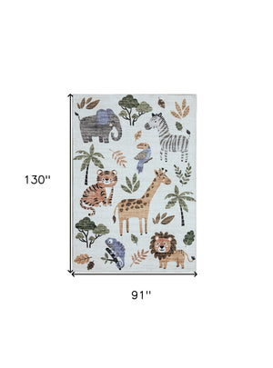 Homeroots 8' X 11' Gray Brown And Green Juvenile Zoo Animals Youthful Area Rug  Polyester 570010