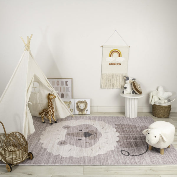 HomeRoots 5' Charming Beige and Gray Youthful Animals Area Rug for Kids' Room, Playroom, or Nursery Decor 5' X 8' 570012