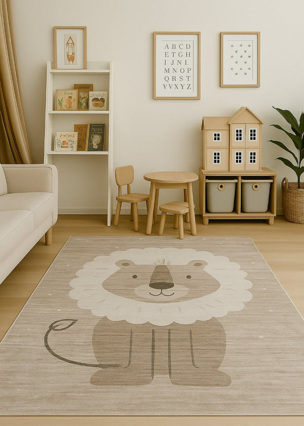 HomeRoots 5' Charming Beige and Gray Youthful Animals Area Rug for Kids' Room, Playroom, or Nursery Decor 5' X 8' 570012