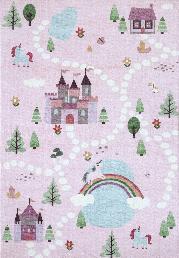 Homeroots 5' X 8' Pink White And Blue Juvenile Castle And Rainbow Youthful Area Rug  Polyester 570028