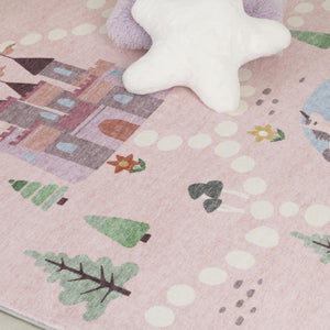 Homeroots 5' X 8' Pink White And Blue Juvenile Castle And Rainbow Youthful Area Rug  Polyester 570028