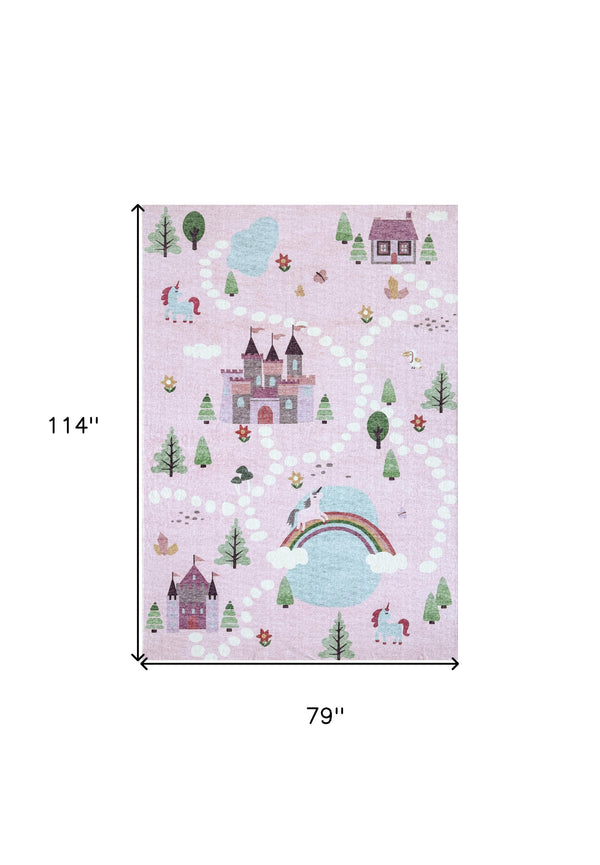 Homeroots 7' X 10' Pink White And Blue Juvenile Castle And Rainbow Youthful Area Rug  Polyester 570029