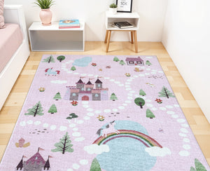 Homeroots 7' X 10' Pink White And Blue Juvenile Castle And Rainbow Youthful Area Rug  Polyester 570029