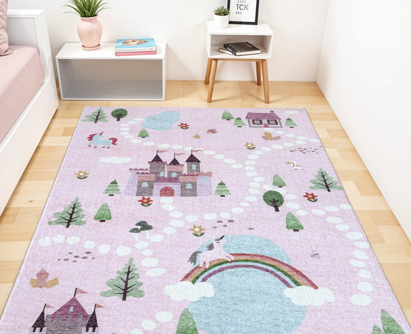 Homeroots 7' X 10' Pink White And Blue Juvenile Castle And Rainbow Youthful Area Rug  Polyester 570029