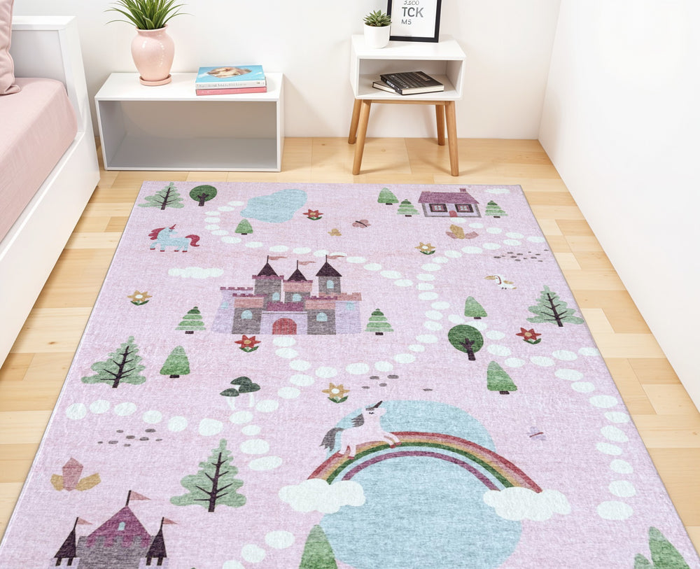 Homeroots 8' X 11' Pink White And Blue Juvenile Castle And Rainbow Youthful Area Rug  Polyester 570030