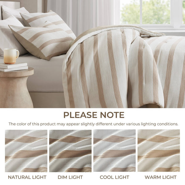 English Elm 2-piece Yarn-dyed Striped Polyester Comforter Set with Seersucker Texture for Year-round Comfort Taupe B035P463215
