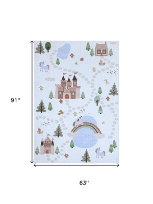 HomeRoots 5' X 8' Whimsical Castle and Rainbow Area Rug for Kids - Soft, Durable, and Stain-Resistant Design 570032