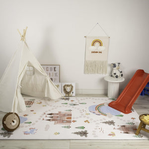 HomeRoots 8' X 11' Cheerful Castle & Rainbow Area Rug – Soft, Stain Resistant, Perfect for Kids' Rooms & Play Areas 570034