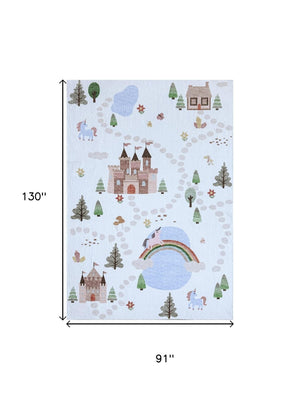 HomeRoots 8' X 11' Cheerful Castle & Rainbow Area Rug – Soft, Stain Resistant, Perfect for Kids' Rooms & Play Areas 570034