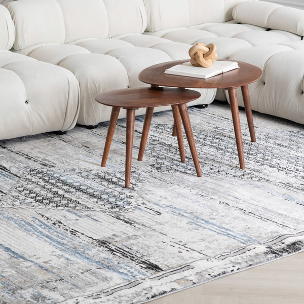HomeRoots 7' X 10' Abstract Area Rug in Gray-Blue & Ivory – Modern, Durable, Stain-Resistant for Stylish Homes 570077