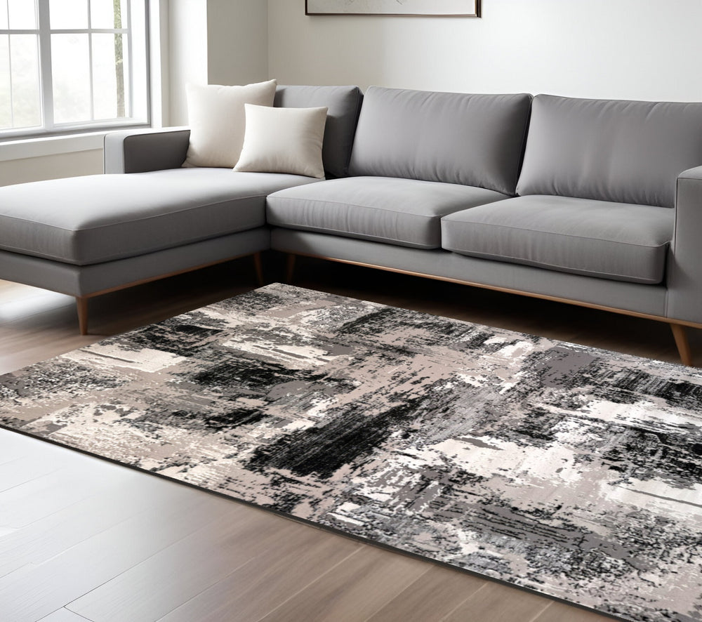 Homeroots 7' X 10' Black Gray And Beige Abstract Area Rug  Polyester 570081