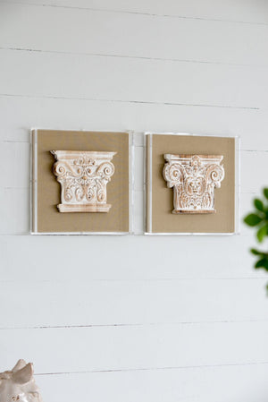 English Elm S/2 Corinthian Relief Square Wall Panels Washed White Sculptural Art for Classic Interiors W2078P313342