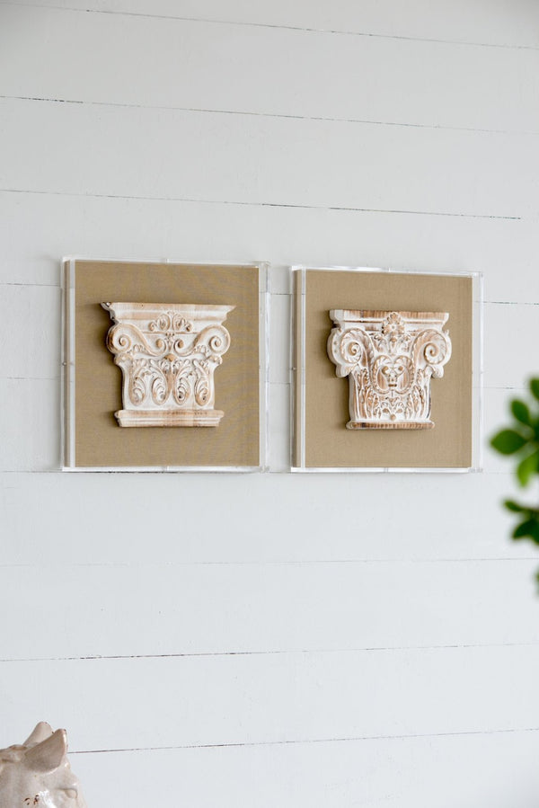 English Elm S/2 Corinthian Relief Square Wall Panels Washed White Sculptural Art for Classic Interiors W2078P313342