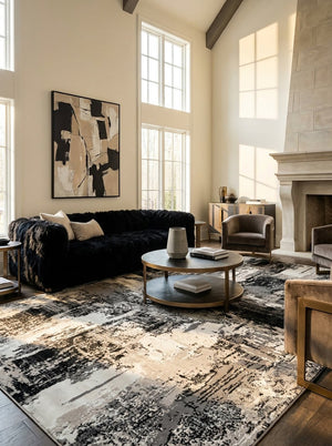 HomeRoots 8' Abstract Area Rug in Black, Gray, and Beige - Stylish, Durable, and Perfect for Family Spaces 8' X 11' 570082