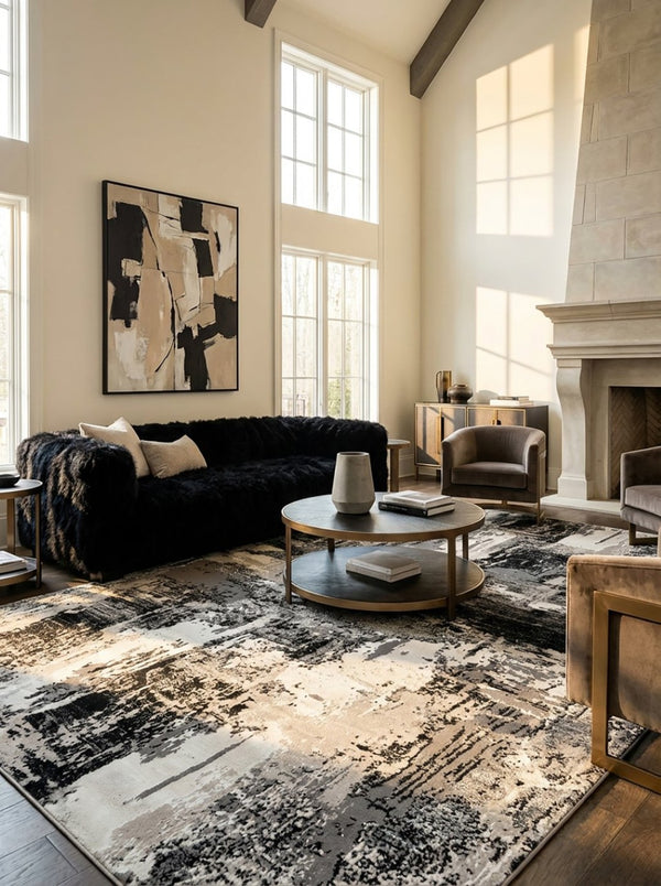 HomeRoots 8' Abstract Area Rug in Black, Gray, and Beige - Stylish, Durable, and Perfect for Family Spaces 8' X 11' 570082