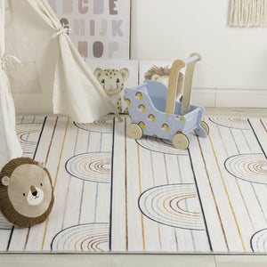 HomeRoots 5' Cheerful Ivory Blue and Yellow Rainbow Area Rug for Kids' Playrooms and Bedrooms, Durable Design 5' X 8' 570101