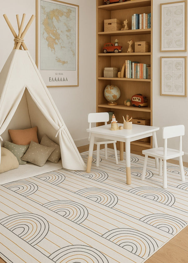 HomeRoots 5' Cheerful Ivory Blue and Yellow Rainbow Area Rug for Kids' Playrooms and Bedrooms, Durable Design 7' X 10' 570102