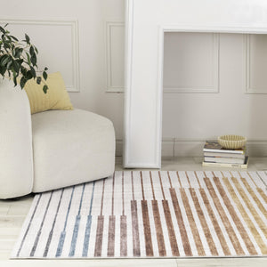 Homeroots 4' X 6' Beige Blue And Brown Striped Area Rug  Polyester 570104