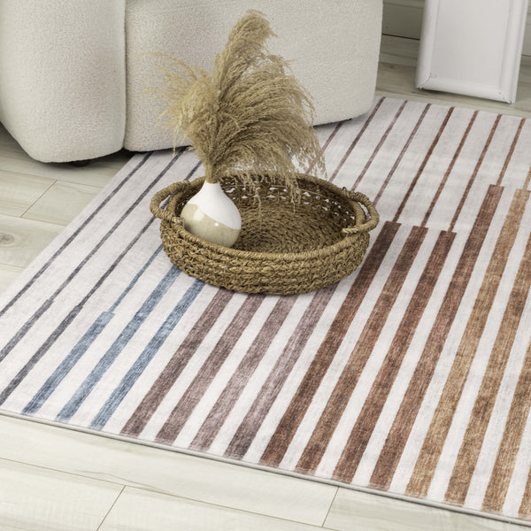 Homeroots 4' X 6' Beige Blue And Brown Striped Area Rug  Polyester 570104