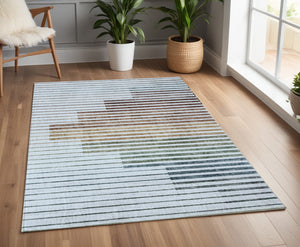 Homeroots 4' X 6' Beige Blue And Brown Striped Area Rug  Polyester 570104