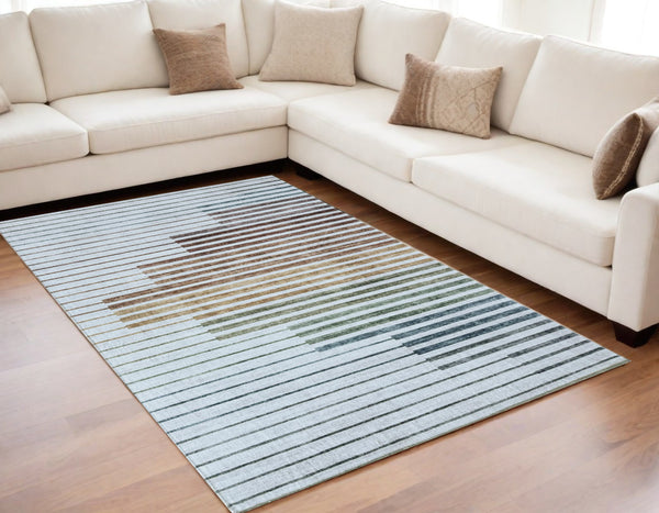 Homeroots 5' X 8' Beige Blue And Brown Striped Area Rug  Polyester 570105