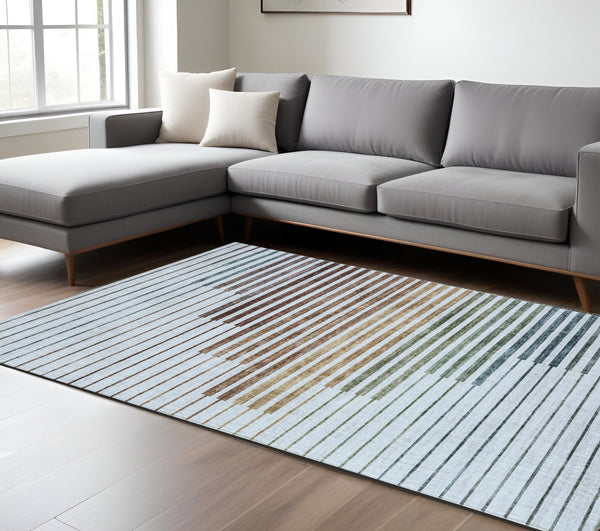 Homeroots 7' X 10' Beige Blue And Brown Striped Area Rug  Polyester 570106