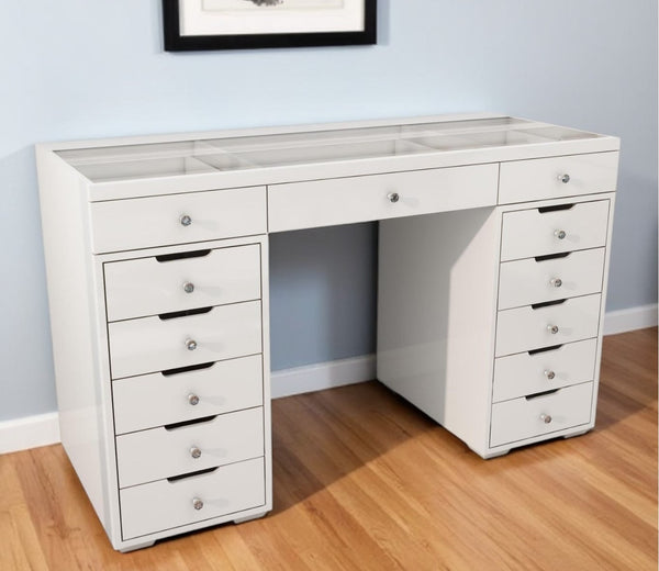 Homeroots 51" White Glass And Wood Vanity Table - 13 Drawers For Jewelry & Beauty Essentials, Stylish Design   570155