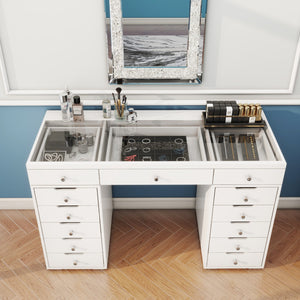 Homeroots 51" White Glass And Wood Vanity Table - 13 Drawers For Jewelry & Beauty Essentials, Stylish Design   570155