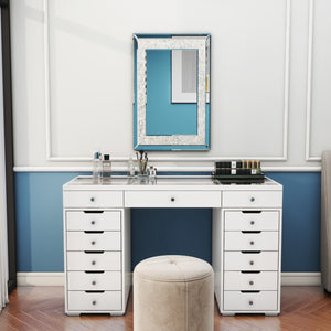 Homeroots 51" White Glass And Wood Vanity Table - 13 Drawers For Jewelry & Beauty Essentials, Stylish Design   570155