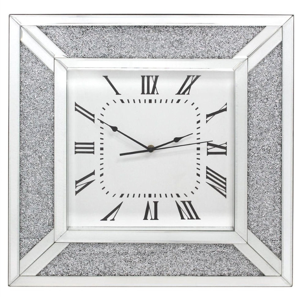 HomeRoots 24" Silent Analog Square Wall Clock with Silver Glass Face and Roman Numerals for Modern Decor 570157