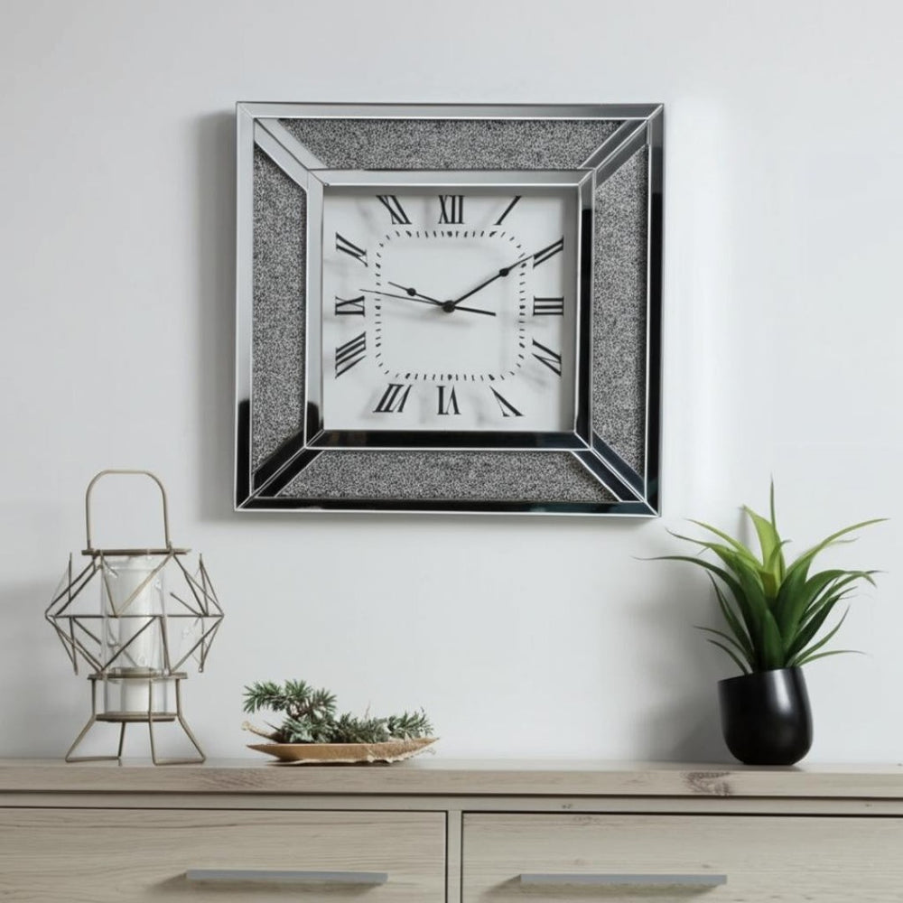 HomeRoots 24" Silent Analog Square Wall Clock with Silver Glass Face and Roman Numerals for Modern Decor 570157