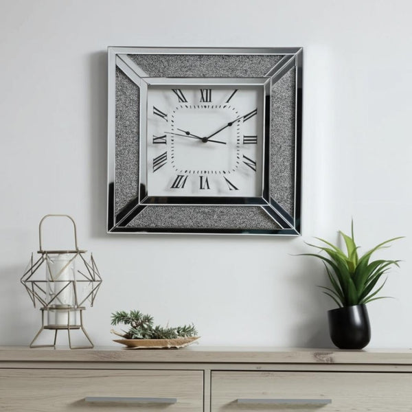 HomeRoots 24" Silent Analog Square Wall Clock with Silver Glass Face and Roman Numerals for Modern Decor 570157
