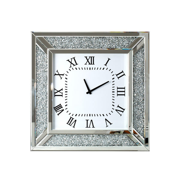 HomeRoots 24" Silent Analog Square Wall Clock with Silver Glass Face and Roman Numerals for Modern Decor 570157