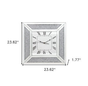 HomeRoots 24" Silent Analog Square Wall Clock with Silver Glass Face and Roman Numerals for Modern Decor 570157