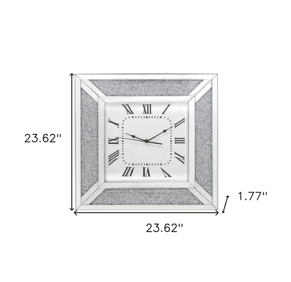 HomeRoots 24" Silent Analog Square Wall Clock with Silver Glass Face and Roman Numerals for Modern Decor 570157
