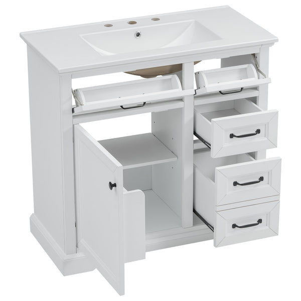 English Elm [video] 36 Inch Freestanding Bathroom Vanity Rubberwood Cabinet with Ceramic Sink Storage White N759P313315K