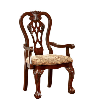 English Elm Formal Classic Set of 2 Arm Chairs Cherry Brown Solid Wood Damask Fabric Padded Seats, Intricate Carved Backs, Ball & Claw Feet B011P248054