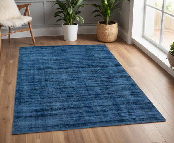 HomeRoots 4' Dark Blue Striped Hand-Woven Area Rug – Artisan Crafted Soft Viscose for Timeless Elegance in Any Room 4' X 6' 570249