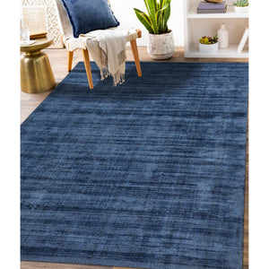 HomeRoots 4' Dark Blue Striped Hand-Woven Area Rug – Artisan Crafted Soft Viscose for Timeless Elegance in Any Room 5' X 8' 570250