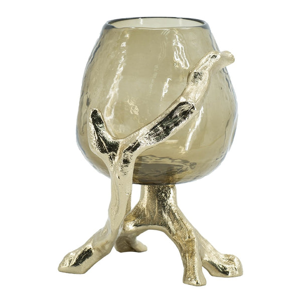 English Elm 8.5x7.1x10.4" Sculptural Olive Glass Pillar Holder on Gold Aluminum Legs W2078P490403