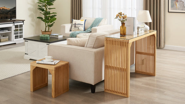English Elm Pine Multi-Use Dining Bench & Table Set with Tempered Glass, Compact 51.6"L Rustic Wood for Entryway W2275P192310