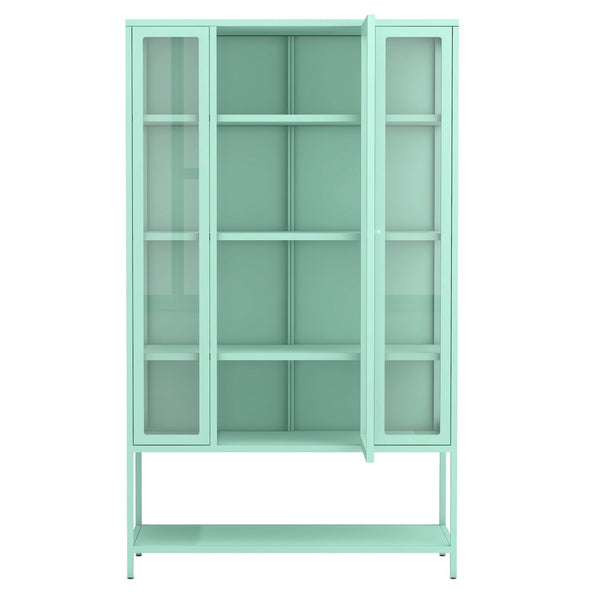 English Elm 67.25'' Tall Steel Curio Cabinet with Led Lighting and Tempered Glass Panels Cyan SN845P263995T