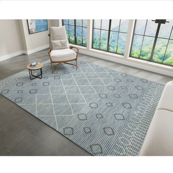 HomeRoots 5' Hand Hooked Wool Area Rug in Blue Gray and Ivory - Modern Geometric Design for Any Room 8' X 10' 570309
