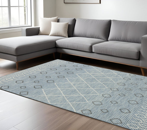 HomeRoots 5' Hand Hooked Wool Area Rug in Blue Gray and Ivory - Modern Geometric Design for Any Room 9' X 13' 570310