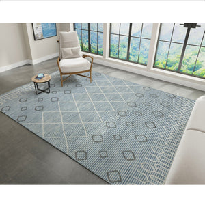 HomeRoots 5' Hand Hooked Wool Area Rug in Blue Gray and Ivory - Modern Geometric Design for Any Room 9' X 13' 570310