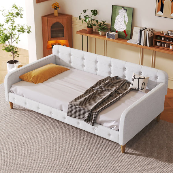 English Elm Twin Upholstered Daybed with Pine Frame and Linen Fabric, Button-Tufted High Sideboard, 79" L Beige N709P266225K