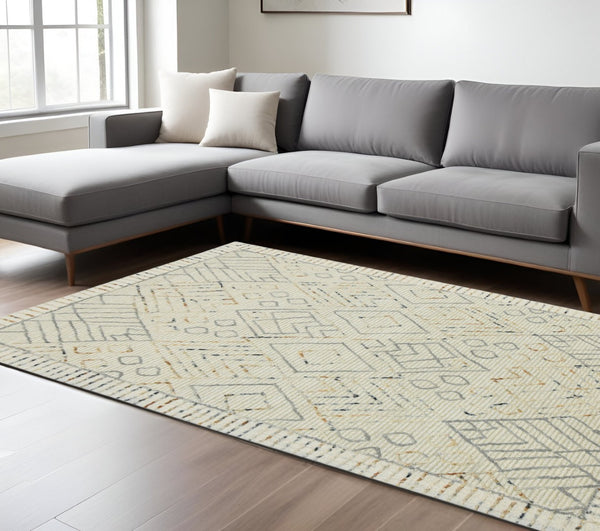 HomeRoots 8' Hand Hooked Wool Area Rug - Earthy Southwestern Design in Ivory, Gray, and Rust for Cozy Spaces 8' X 10' 570317