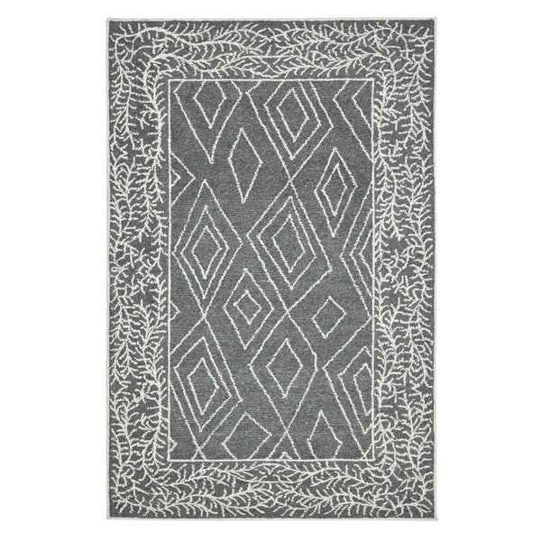 HomeRoots 5' Gray and Ivory Wool Geometric Hand-Hooked Area Rug - Artisanal Warmth for Modern Spaces 5' X 8' 570324