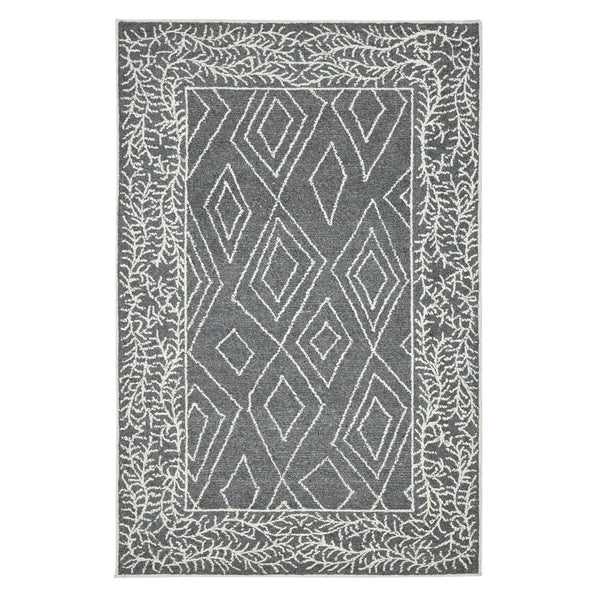 HomeRoots 5' Gray and Ivory Wool Geometric Hand-Hooked Area Rug - Artisanal Warmth for Modern Spaces 5' X 8' 570324
